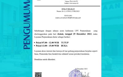 Pengumuman Jam Layanan Perpustakaan 29 Desember 2023