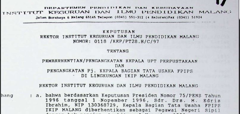 Keputusan Rektor IKIP Malang Nomor 0118//KEP/PT28.H/C/97 tentang Pemberhentian dan Pengangkatan Kepala UPT Perpustakaan di Lingkungan IKIP Malang