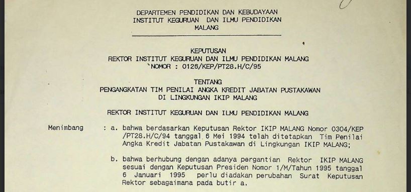 Keputusan Rektor IKIP Malang Nomor 0126/KEP/PT28.H/C/95 tentang Pengangkatan Tim Penilai Angka Kredit Jabatan Pustakawan di Lingkungan IKIP Malang