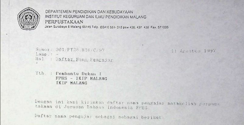 Daftar Nama Pengajar Mata Kuliah Perpustakaan pada  Jurusan Bahasa Indonesia FPBS IKIP Malang